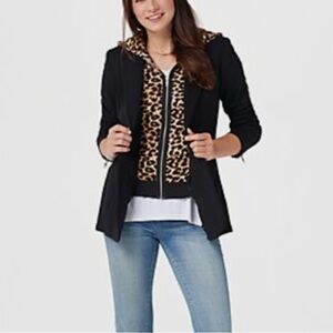 Peace Love World Black Ponte Knit Blazer with Leopard Print Insert